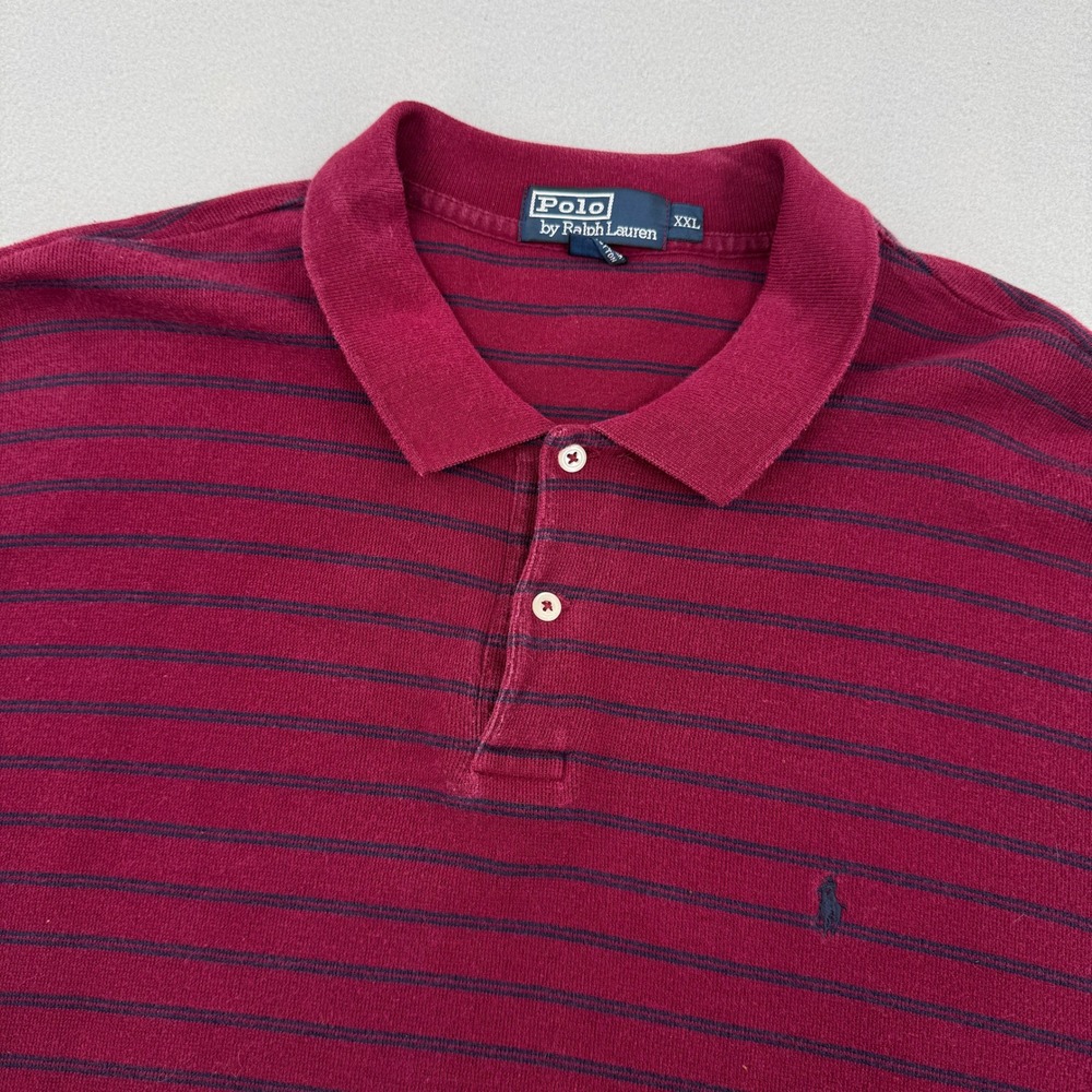 Vintage Polo Ralph Lauren Mens XXL Striped‎ Polo Burgundy Cotton Short Sleeve